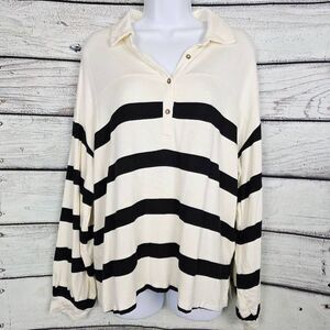 Maurices Ivory Black Striped Collared Button Top L